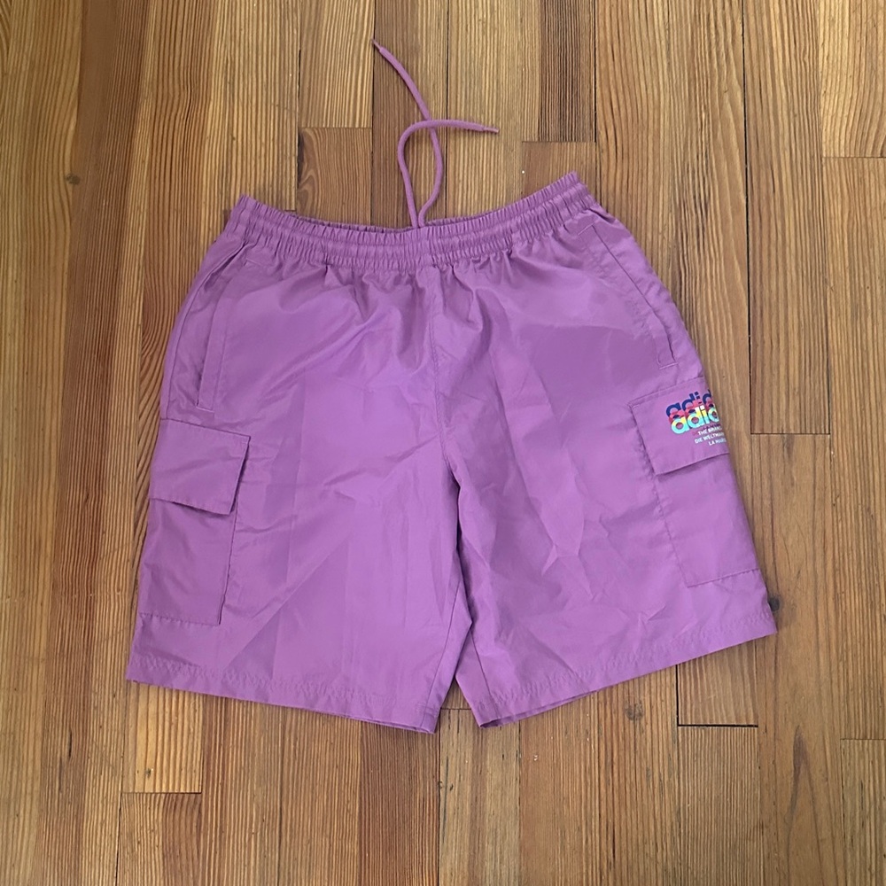 adidas Lavender Cargo Swim Shorts with Rainbow Logo